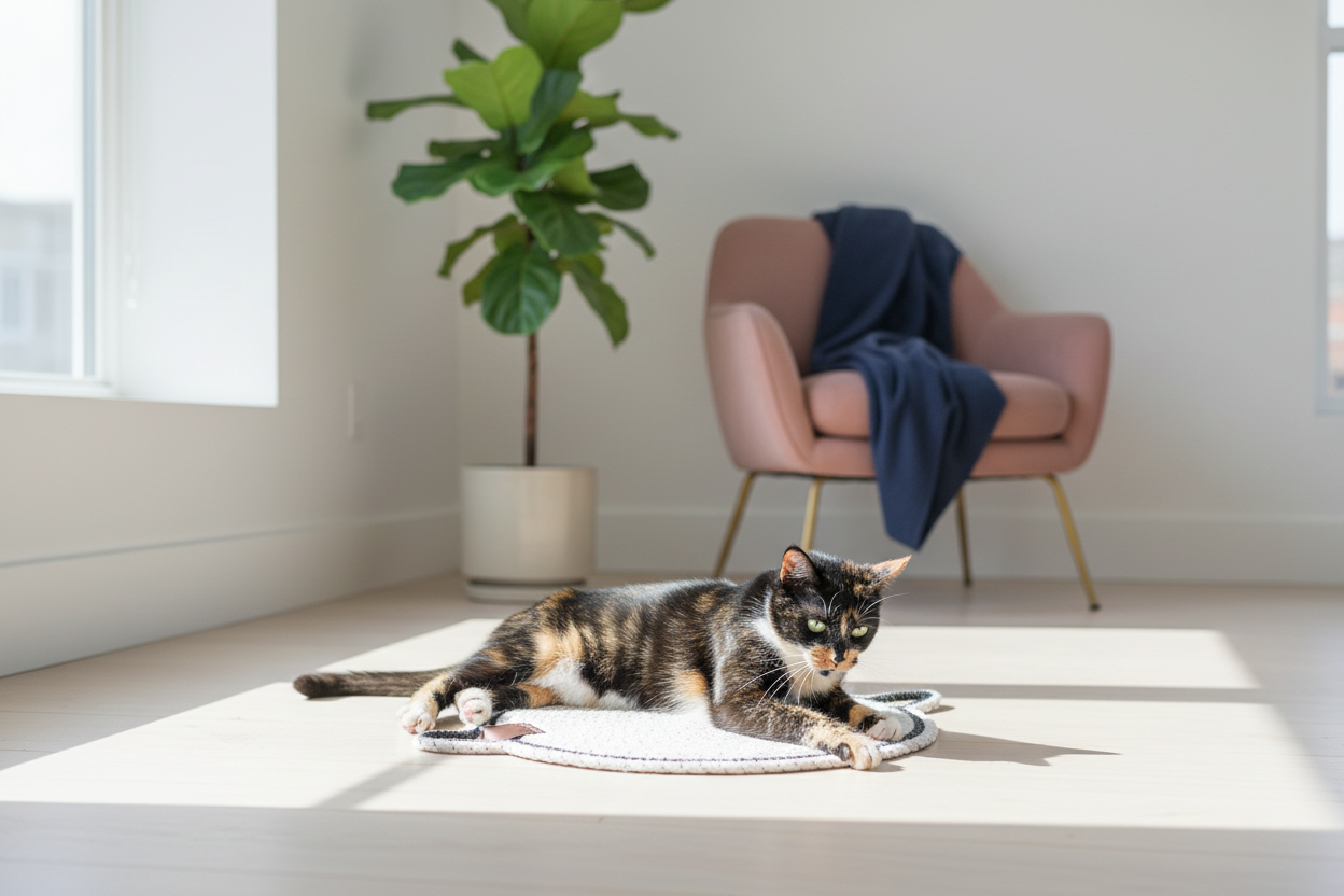 Alice fait ses griffes sur griffoir tressé - Comportement naturel chat - Âme & Muzo