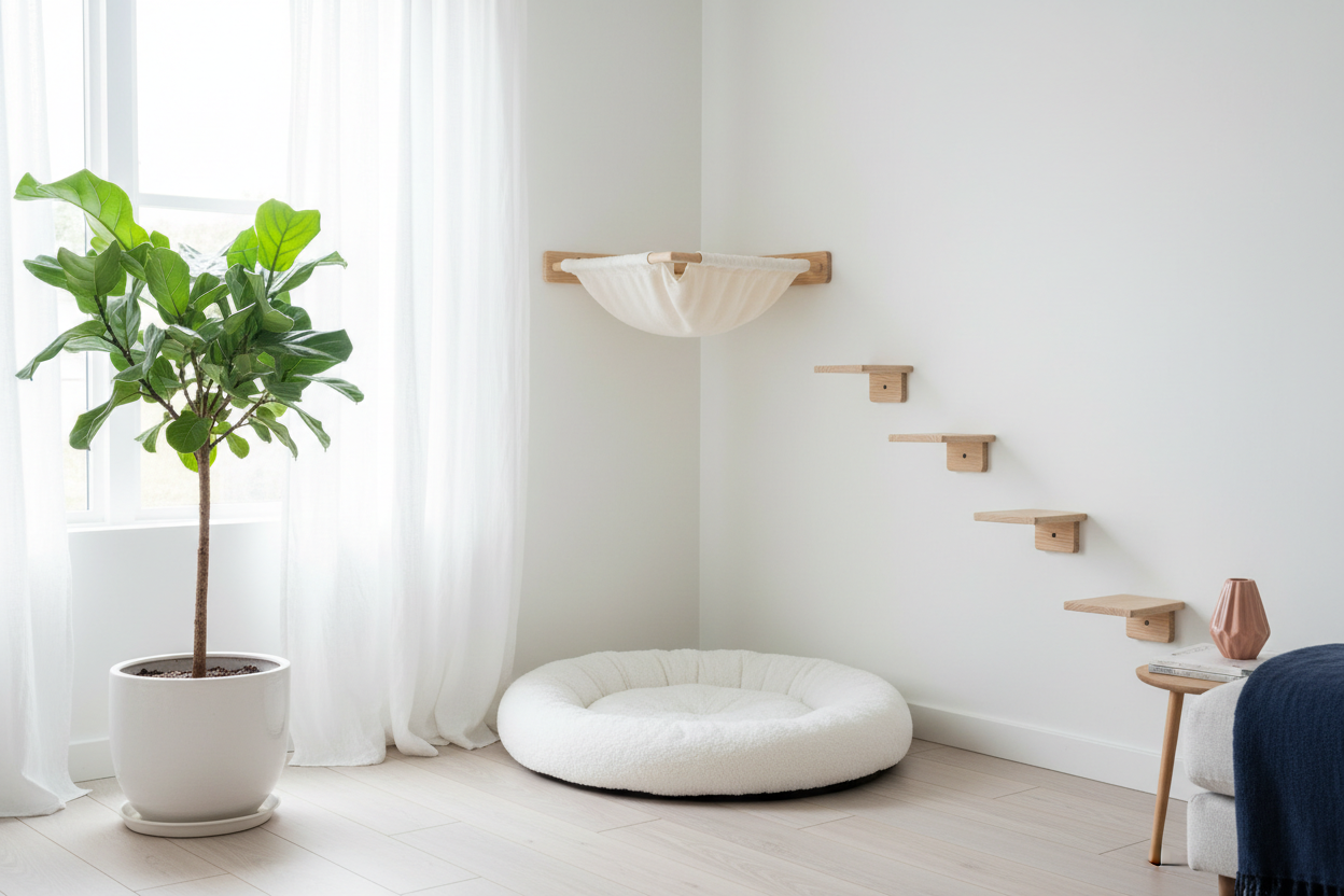 Salon harmonieux avec accessoires confort pour chiens et chats - Âme & Muzo