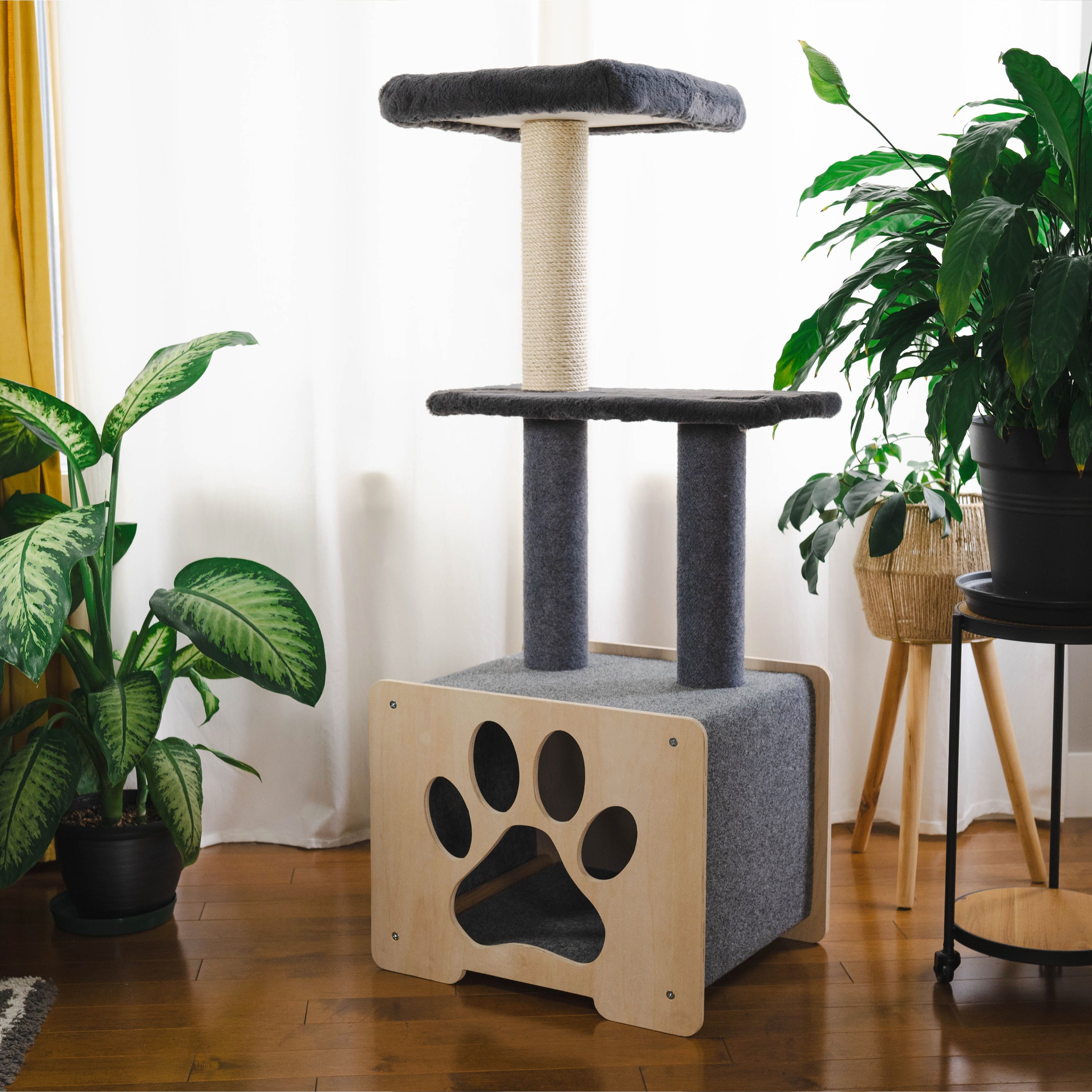 Arbre à Chat Hutte Deluxe 3 Niveaux – Bois & Corde de Fique | Fait au Canada 🇨🇦