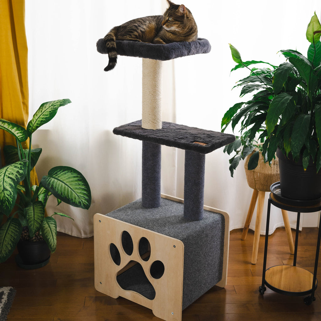 Arbre à Chat Hutte Deluxe 3 Niveaux – Bois & Corde de Fique | Fait au Canada 🇨🇦