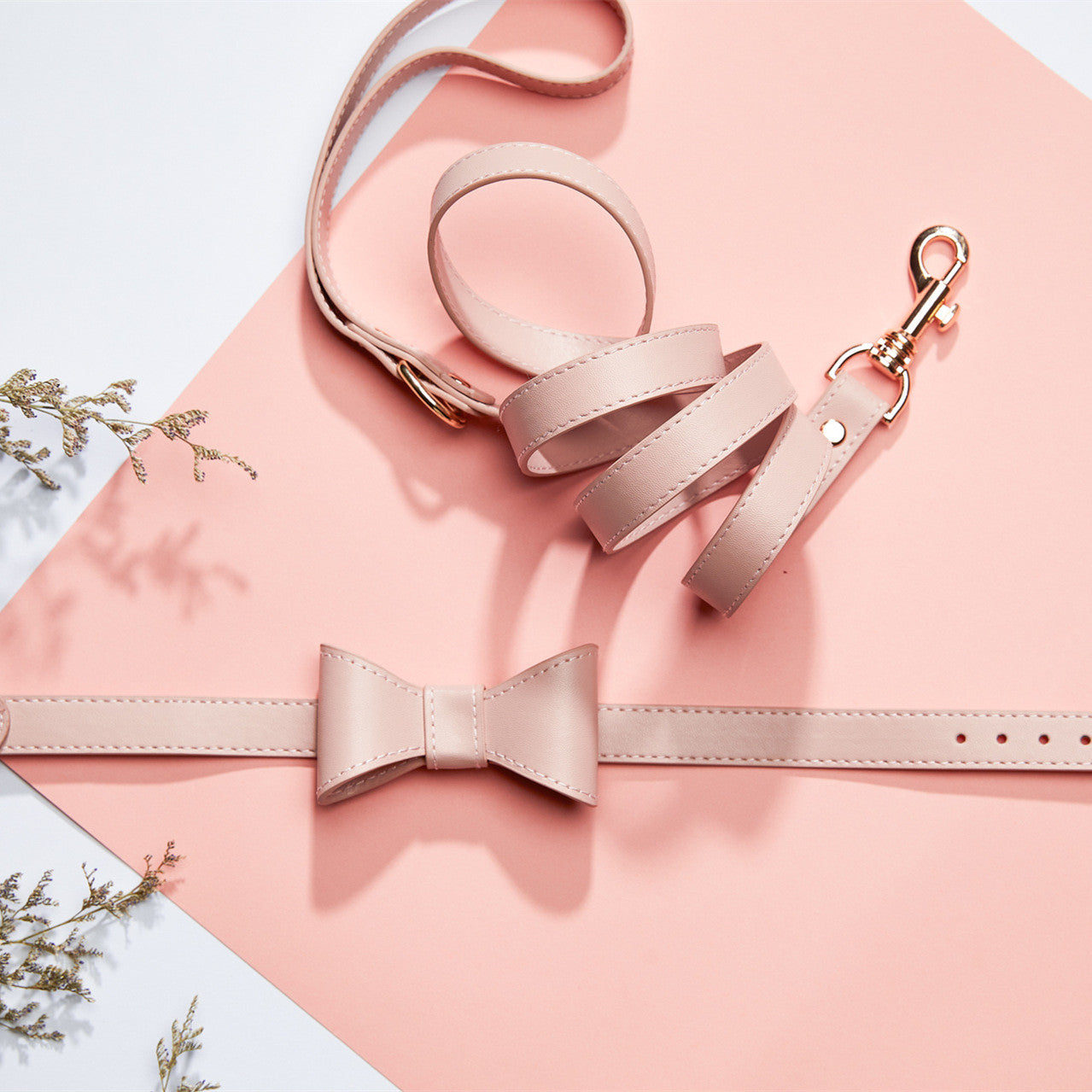Collier et nœud papillon pour chien rose - laisse- Âme & Muzo