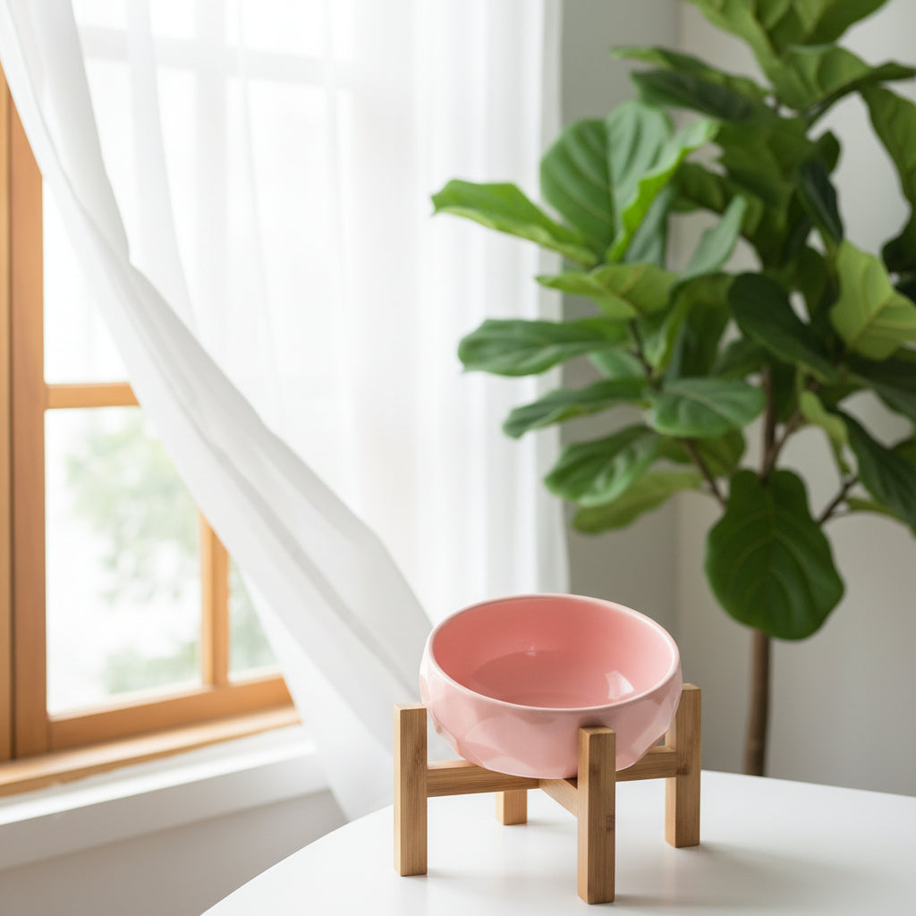 Bol en céramique rose et support en bambou pour chien et chat - Âme & Muzo