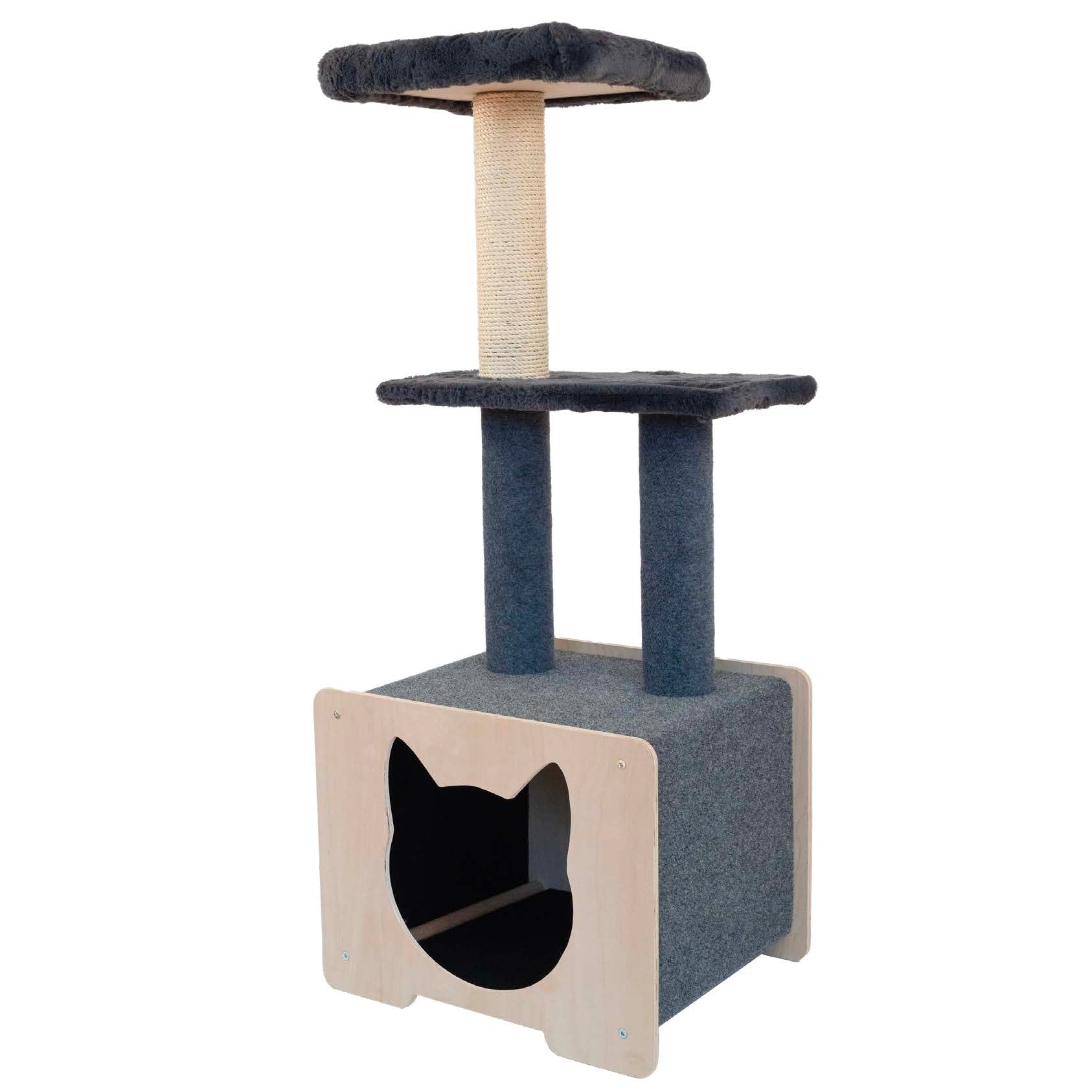 Arbre à Chat Hutte Deluxe 3 Niveaux – Bois & Corde de Fique | Fait au Canada 🇨🇦