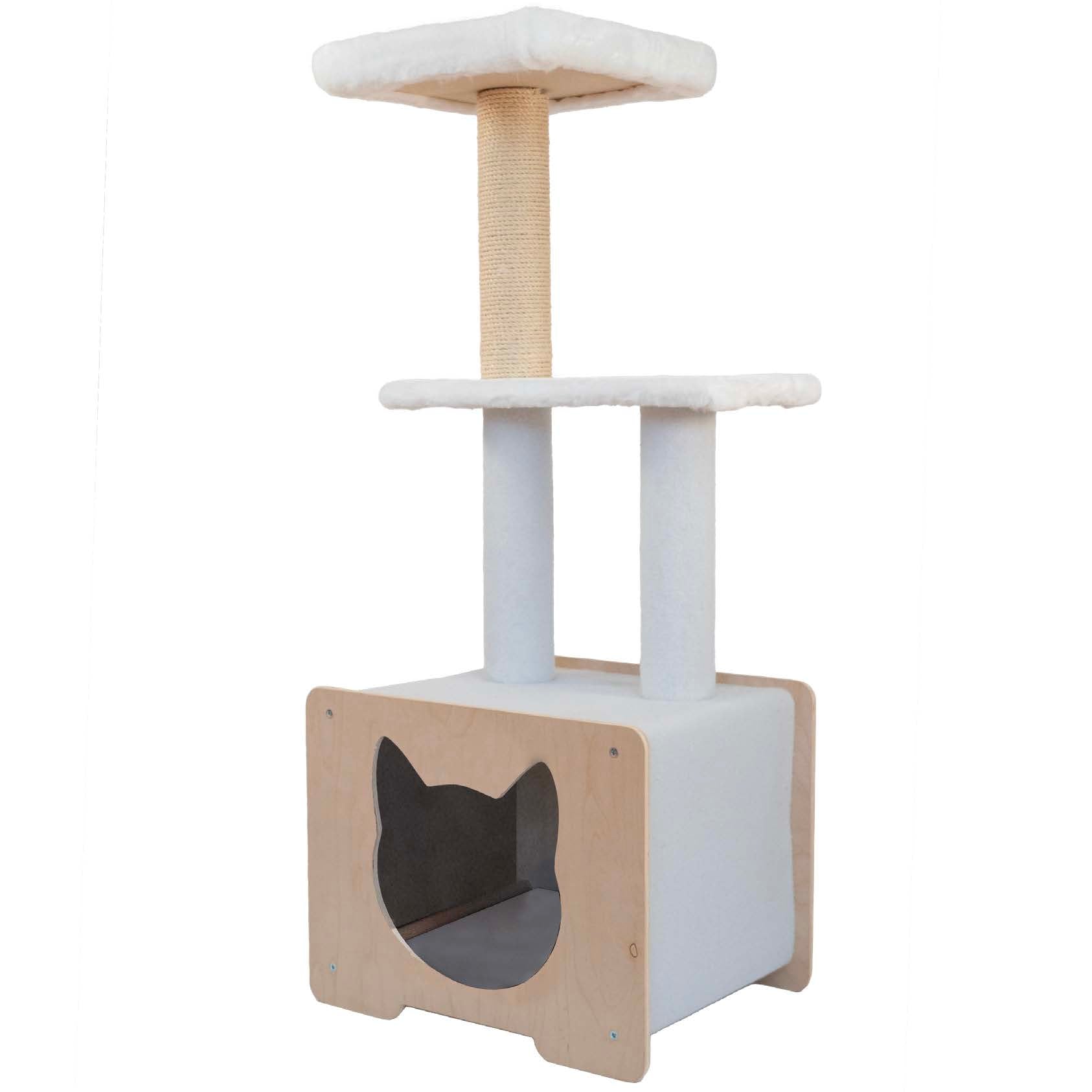 Arbre à Chat Hutte Deluxe 3 Niveaux – Bois & Corde de Fique | Fait au Canada 🇨🇦
