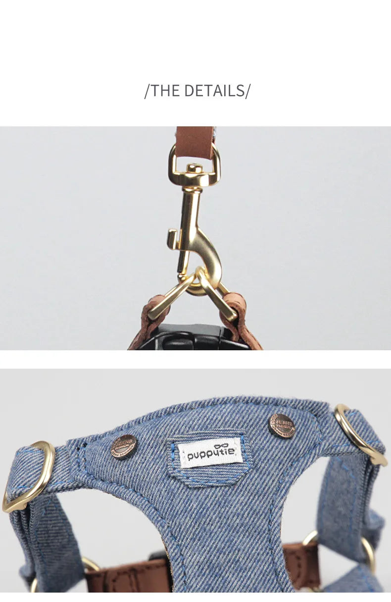 Harnais Réglable confortable pour Petit et Moyen Chien - Denim, Cuir et Alliage Premium