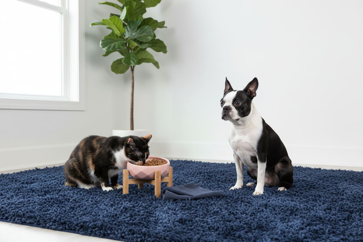 Alice le chat et Méo le Boston Terrier avec bol céramique rose surélevé sur bambou - Photo lifestyle Âme & Muzo