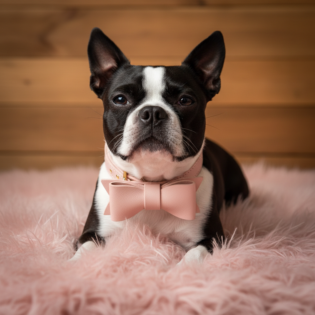 Boston Terrier avec collier nœud rose blush