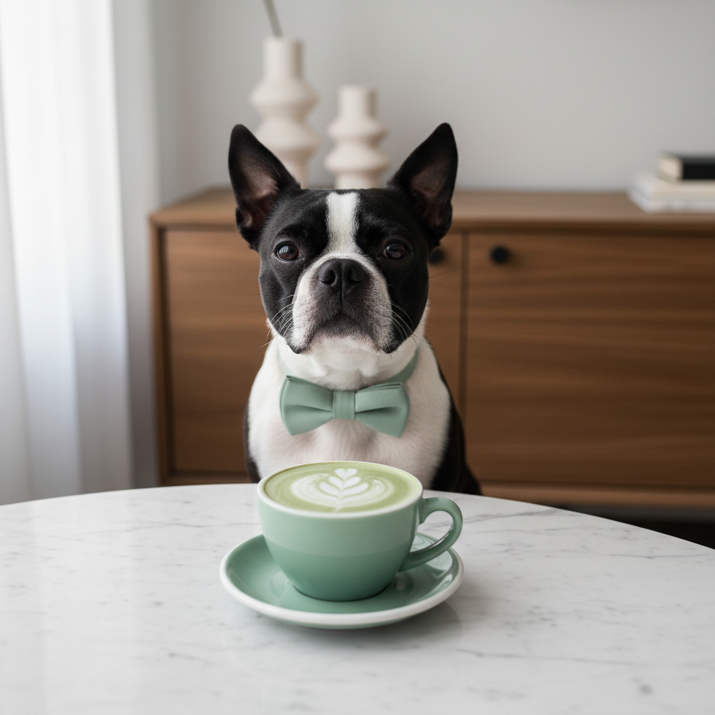 Boston Terrier avec nœud papillon menthe et latte