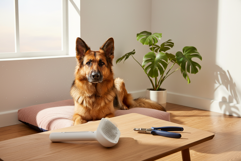 Brosse spray rechargeable pour chien et chat - Photo lifestyle avec berger allemand