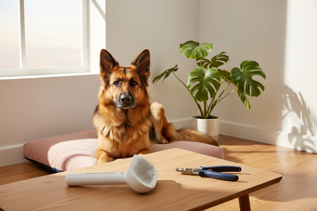 Brosse spray rechargeable pour chien et chat - Photo lifestyle avec berger allemand