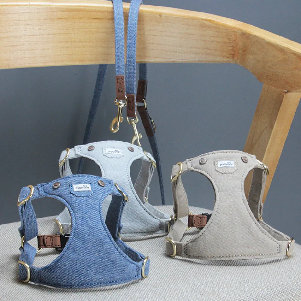 Harnais Réglable confortable pour Petit et Moyen Chien - Denim, Cuir et Alliage Premium