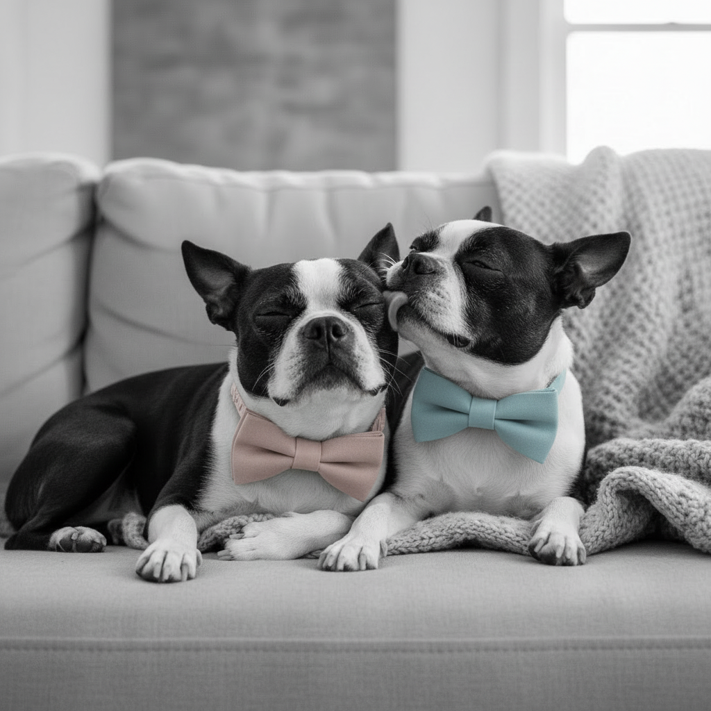 Deux Boston Terriers avec colliers nœud rose pâle et bleu