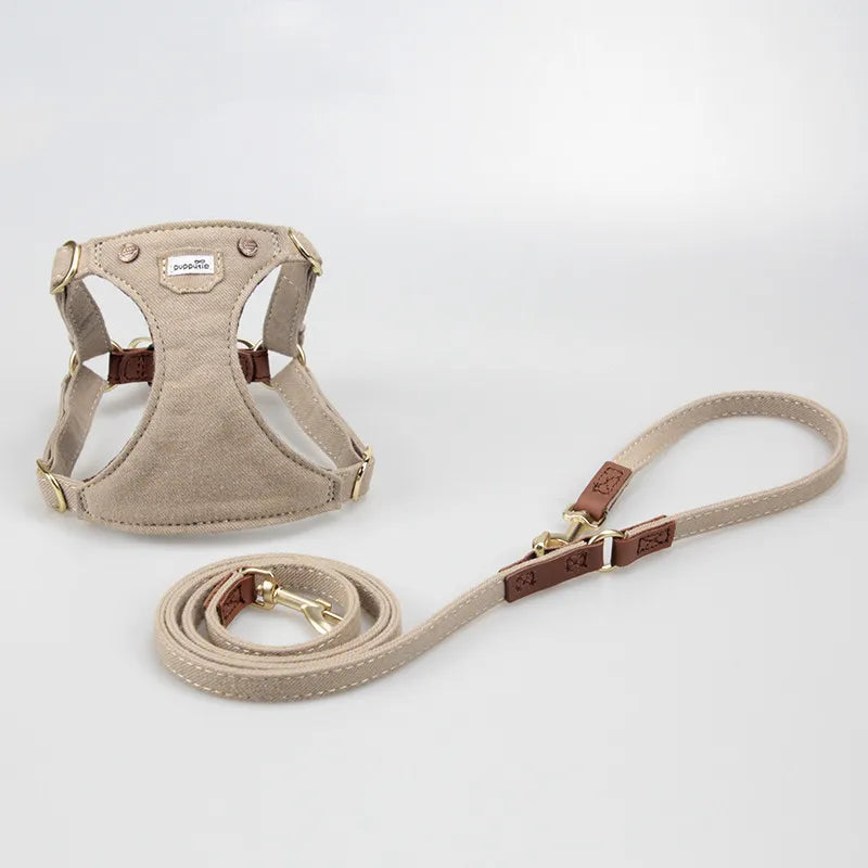 Harnais Réglable confortable pour Petit et Moyen Chien - Denim, Cuir et Alliage Premium