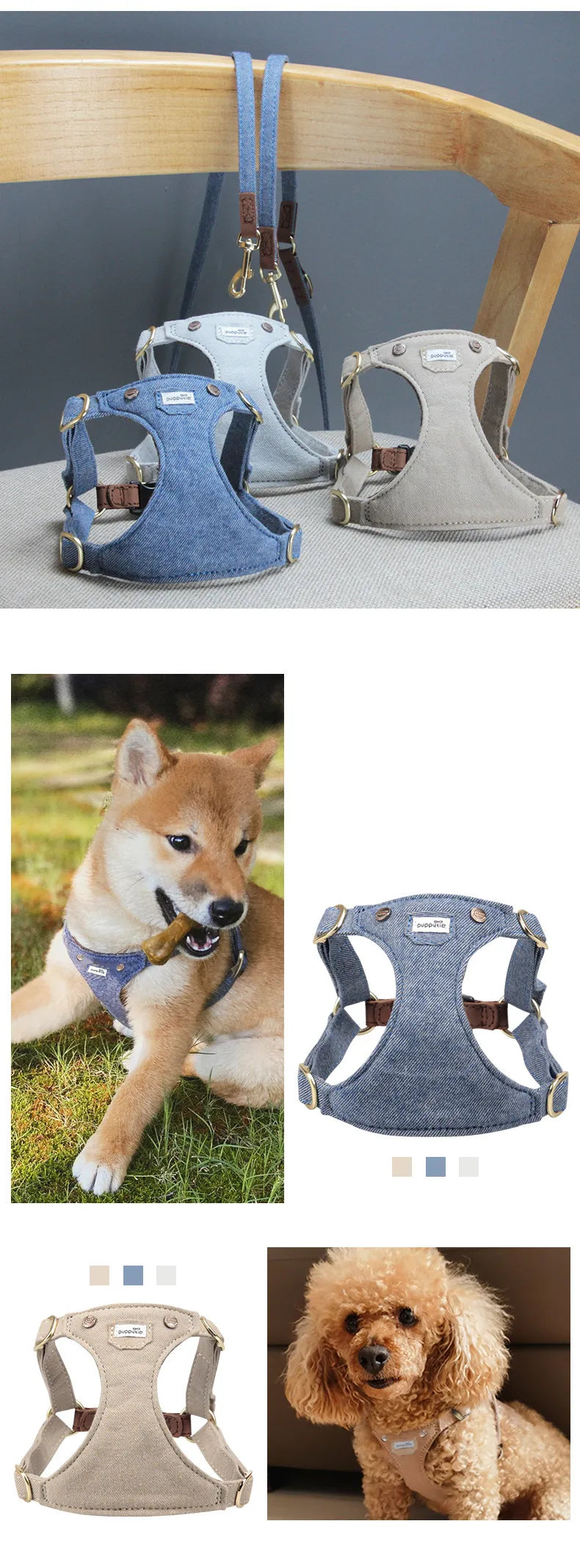 Harnais Réglable confortable pour Petit et Moyen Chien - Denim, Cuir et Alliage Premium