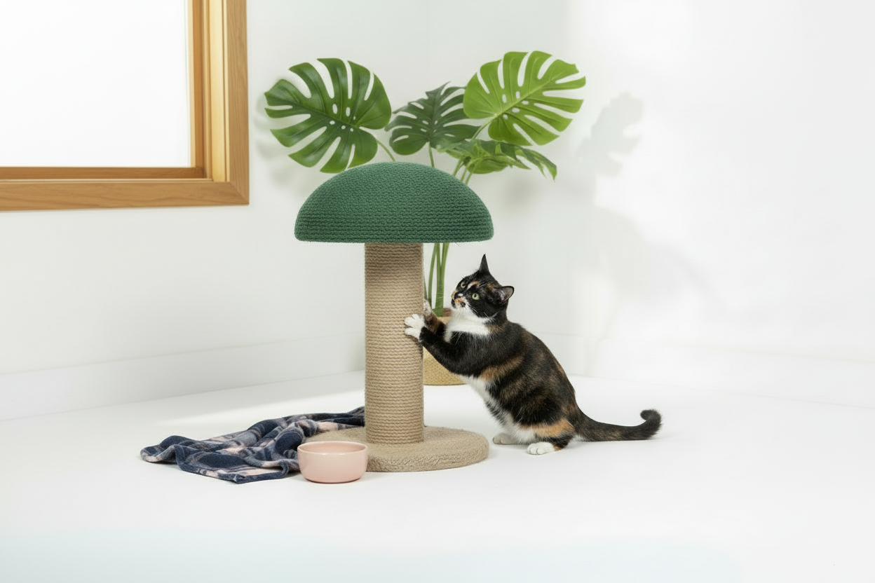 Alice le chat et Méo le Boston Terrier avec griffoir champignon sisal - Photo lifestyle Âme & Muzo