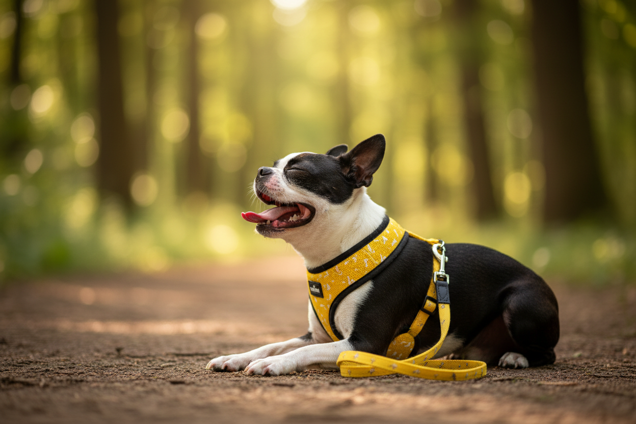 Méo Boston Terrier couché harnais jaune