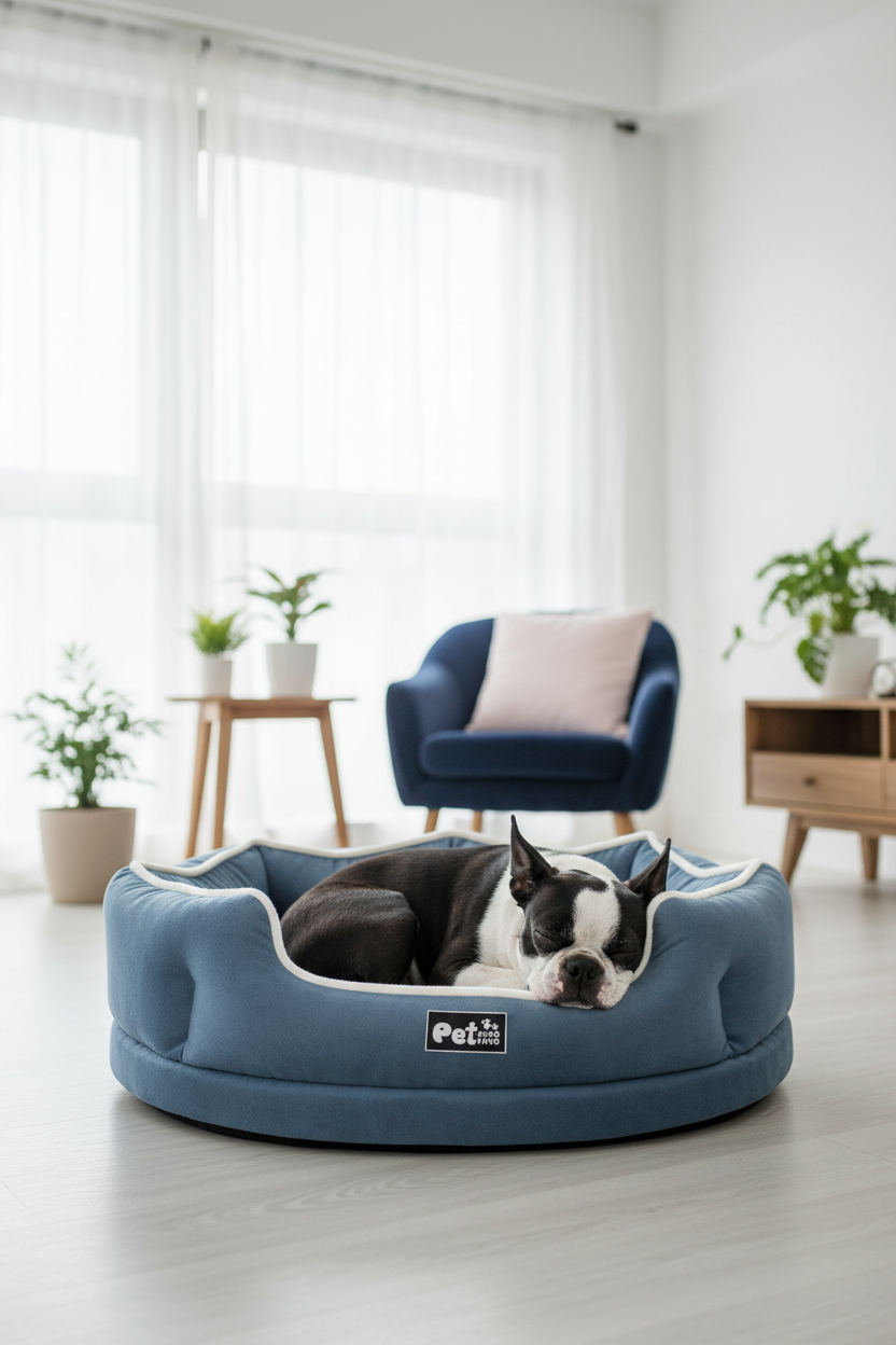 Méo paisiblement endormi sur lit canapé bleu