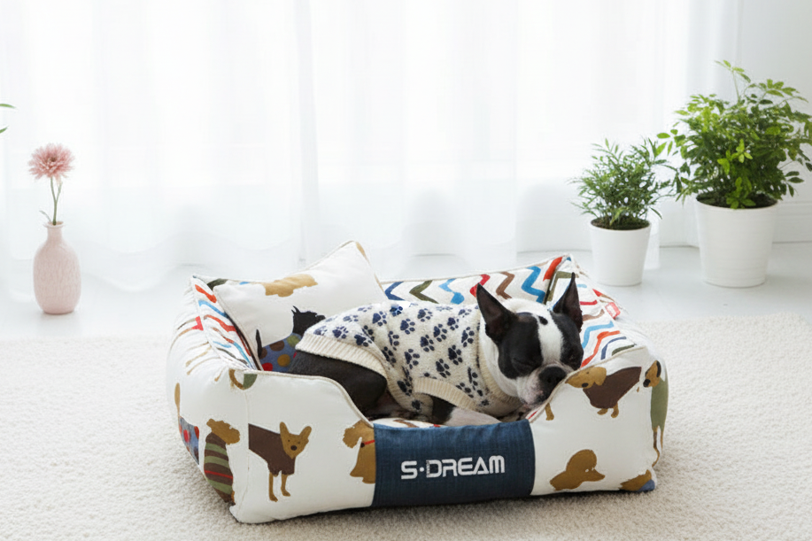 Méo sur lit motifs chiens avec coussin