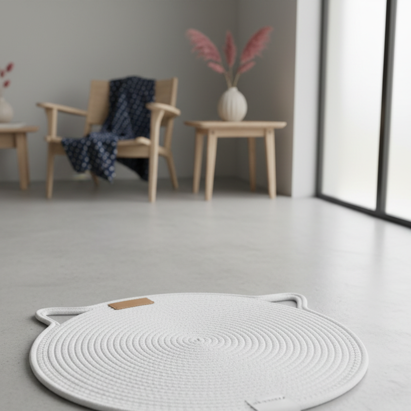 Tapis blanc tressé pour chat lifestyle