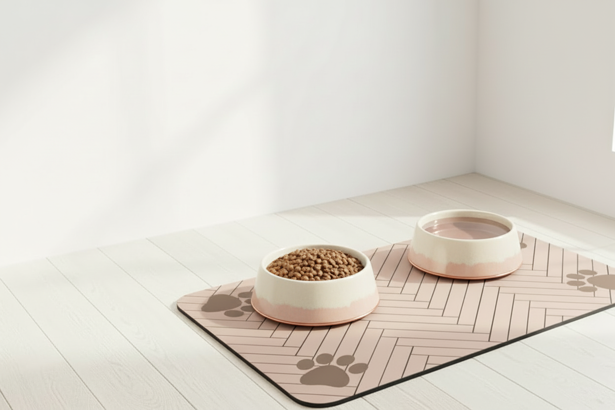 Tapis repas brun clair avec bols en céramique blancs et rose - Premium-âme & muzo